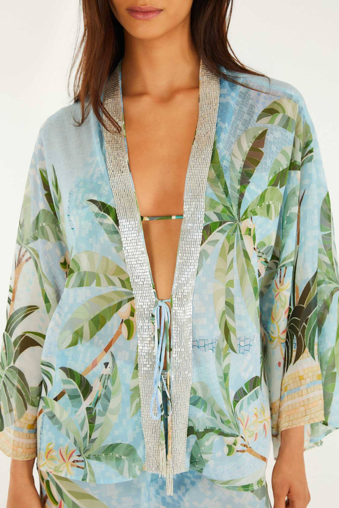 Blue Embroidered Open Front Kimono