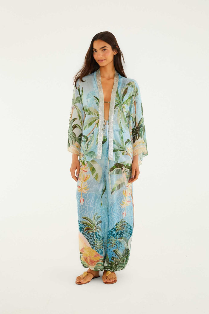 Blue Embroidered Open Front Kimono