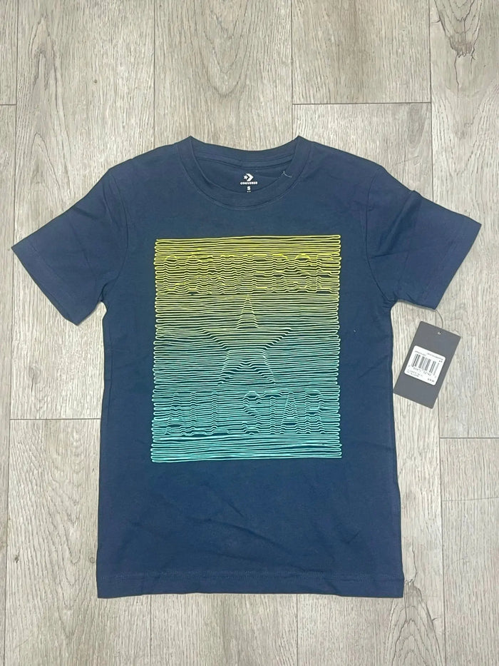 Obsidian navy Converse boys' The Code T-shirt with yellow-to-turquoise rectangular graphic, front flat view