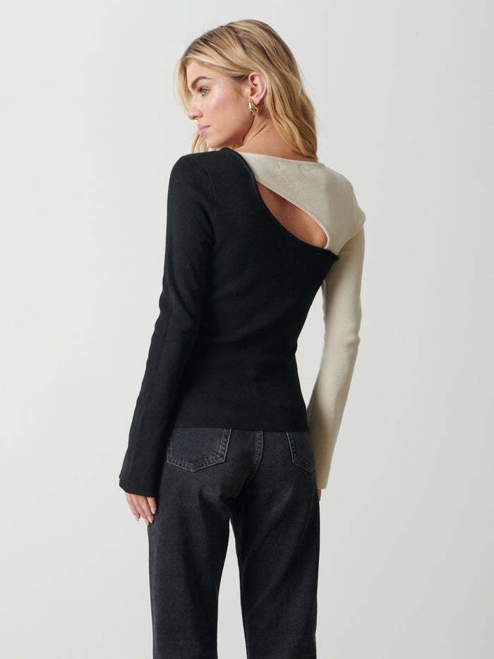 Taylor Is 5'9" & Wears Size UK S|Brogan Contrast Knit Top - Black and Cream