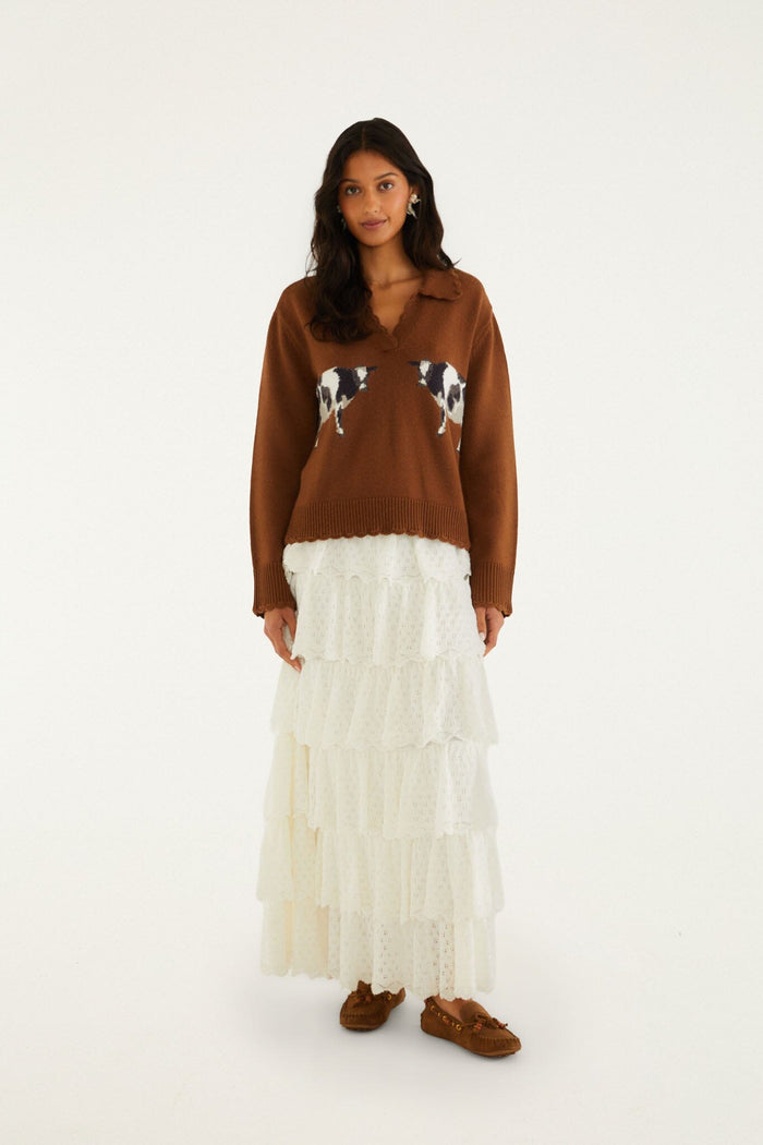FARM Rio model wearing the Brown Countryside Cow Collared Knit Sweater