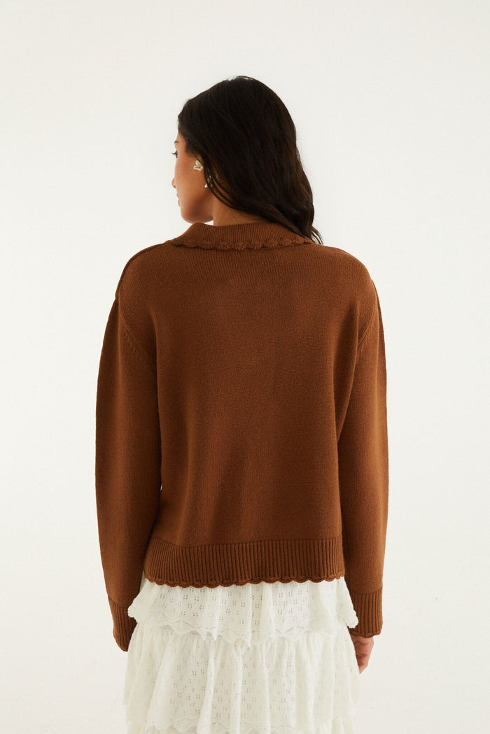 FARM Rio model wearing the Brown Countryside Cow Collared Knit Sweater