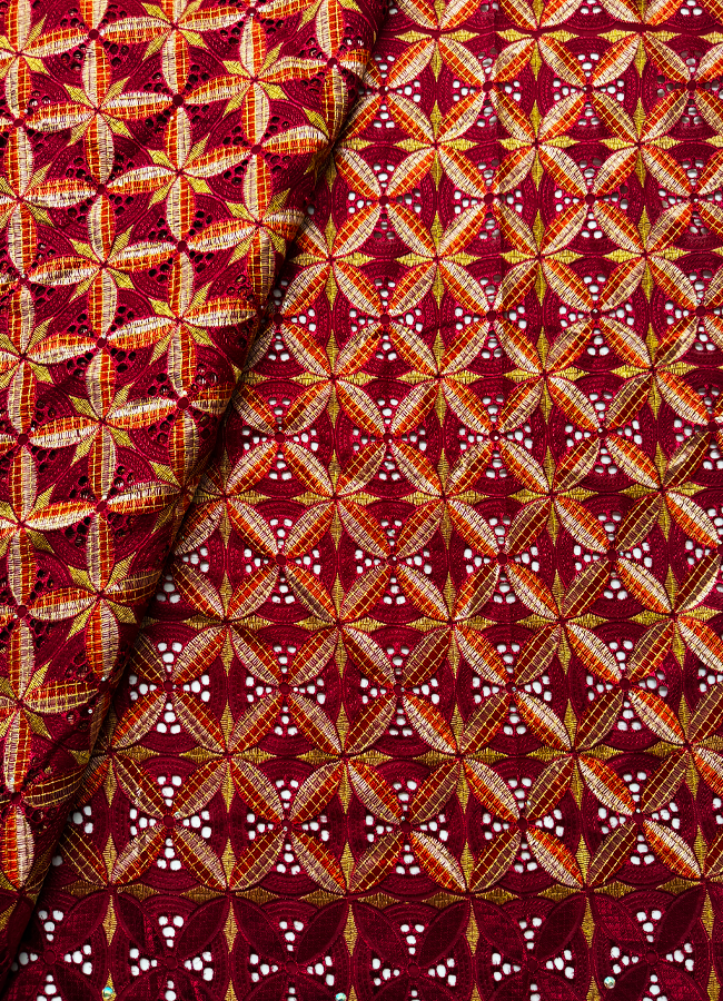 Burgundy, Red and Gold Color Swiss Voile Lace Fabric