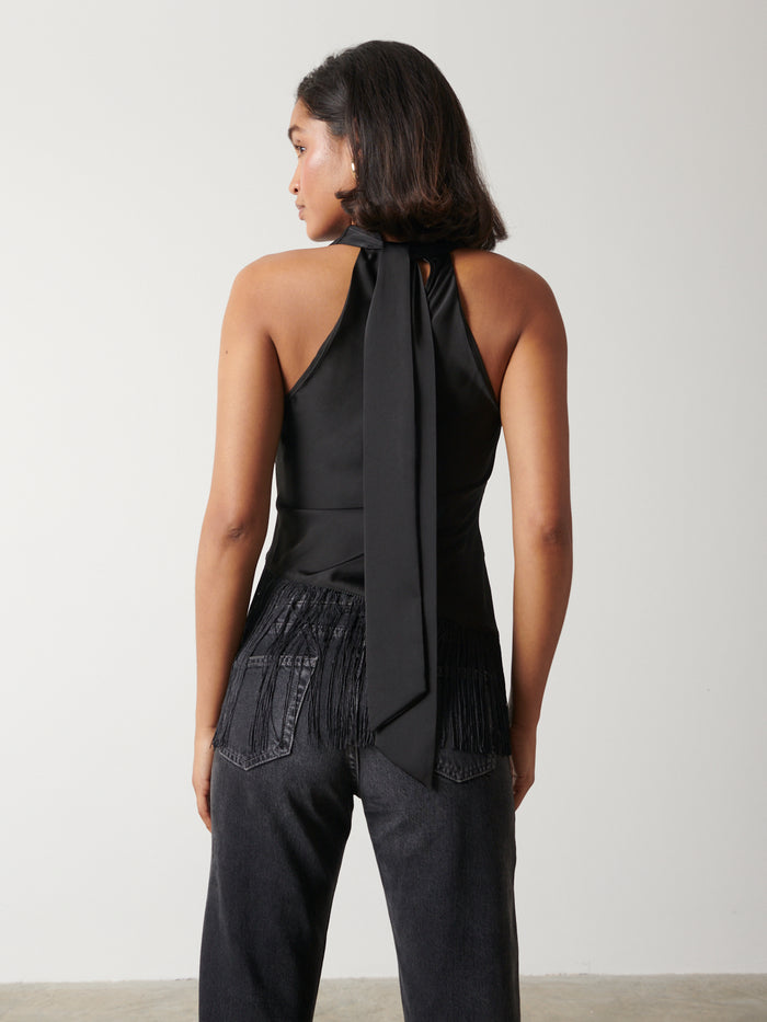 Robyn Is 5'9" & Wears Size UK 8|Callie Asymmetric Fringed Top - Black