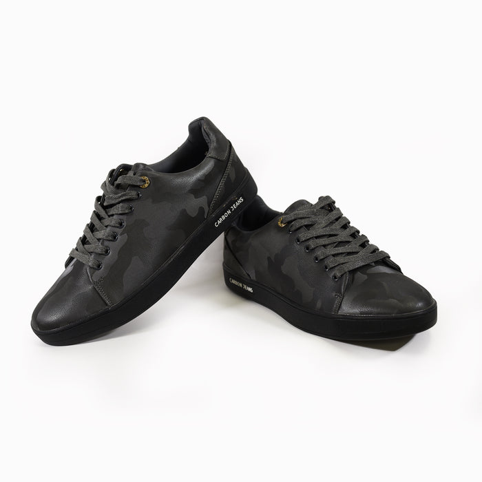 Men's dark grey camo streetwear sneakers with Carbon Jeans logo and black rubber soles on a white background.