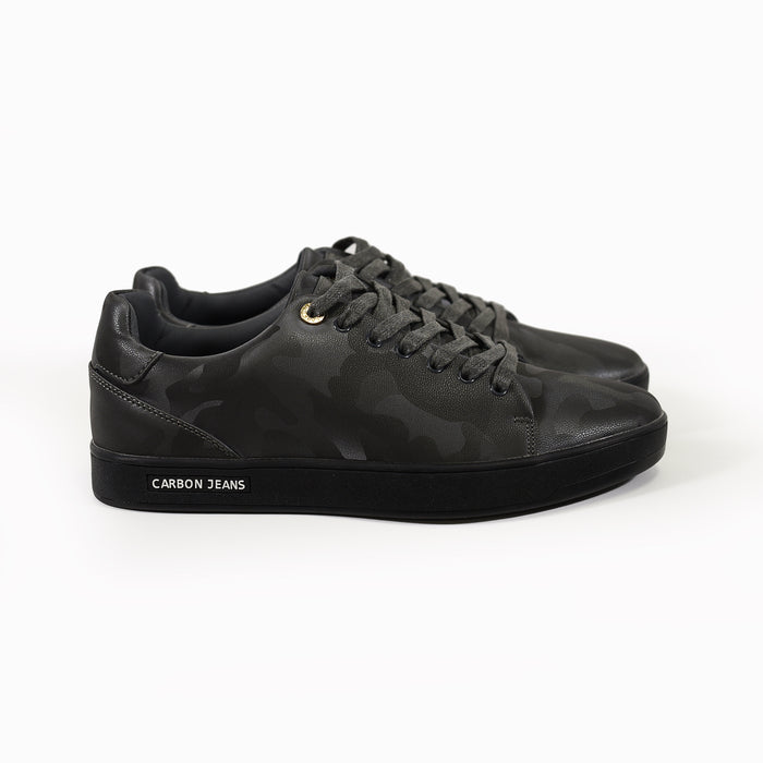 Carbon Jeans Camel Flush black camouflage leather sneakers, urban low-top streetwear shoes with textured rubber soles.