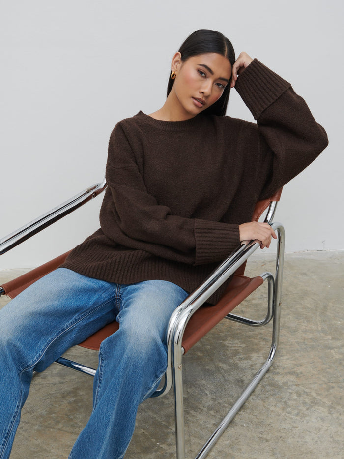 Candy Is 5'6" & Wears Size UK S|Camille Oversized Borg Jumper - Brown