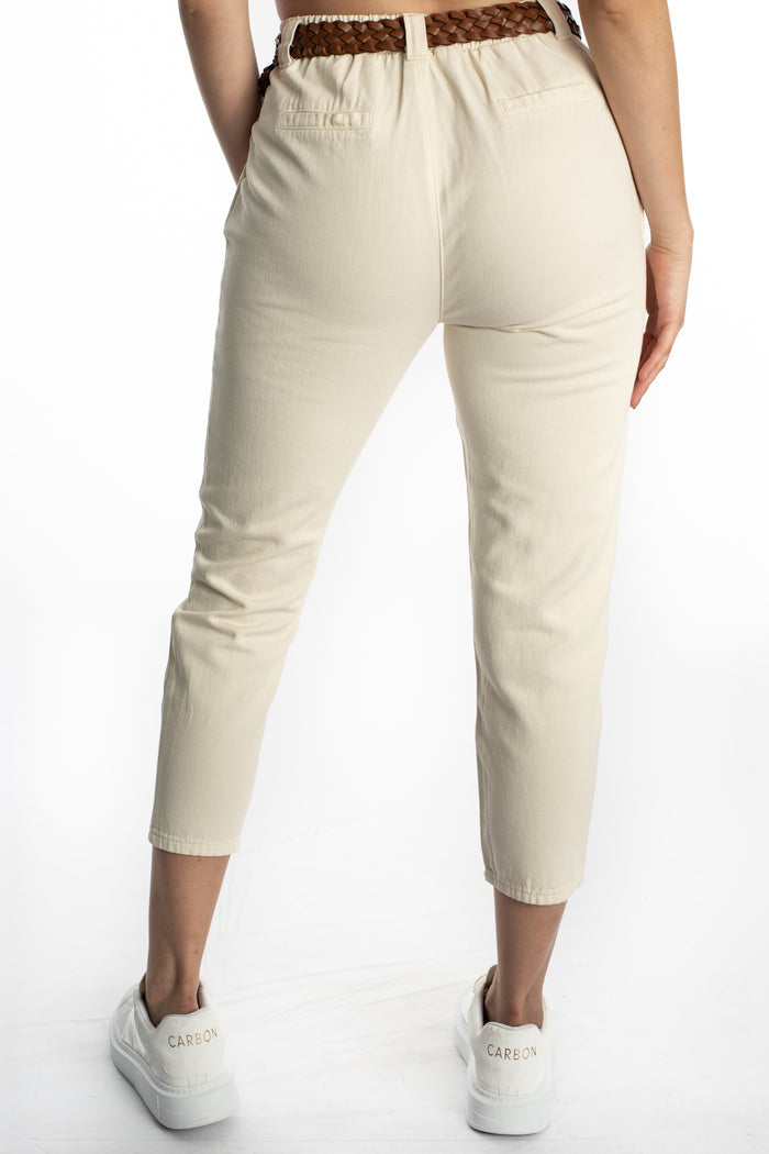 Back view of Camryn beige high-waisted wide leg trousers with a braided brown belt and elastic waist.