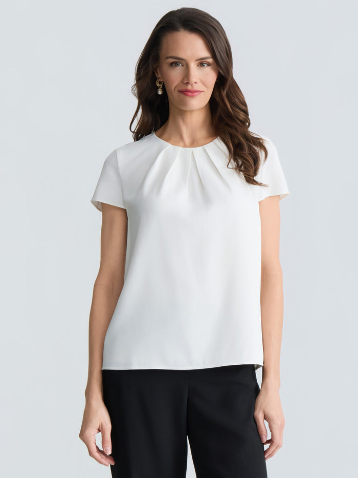 Cap Sleeve Pleat Neck Blouse, Vanilla Ice | Kasper