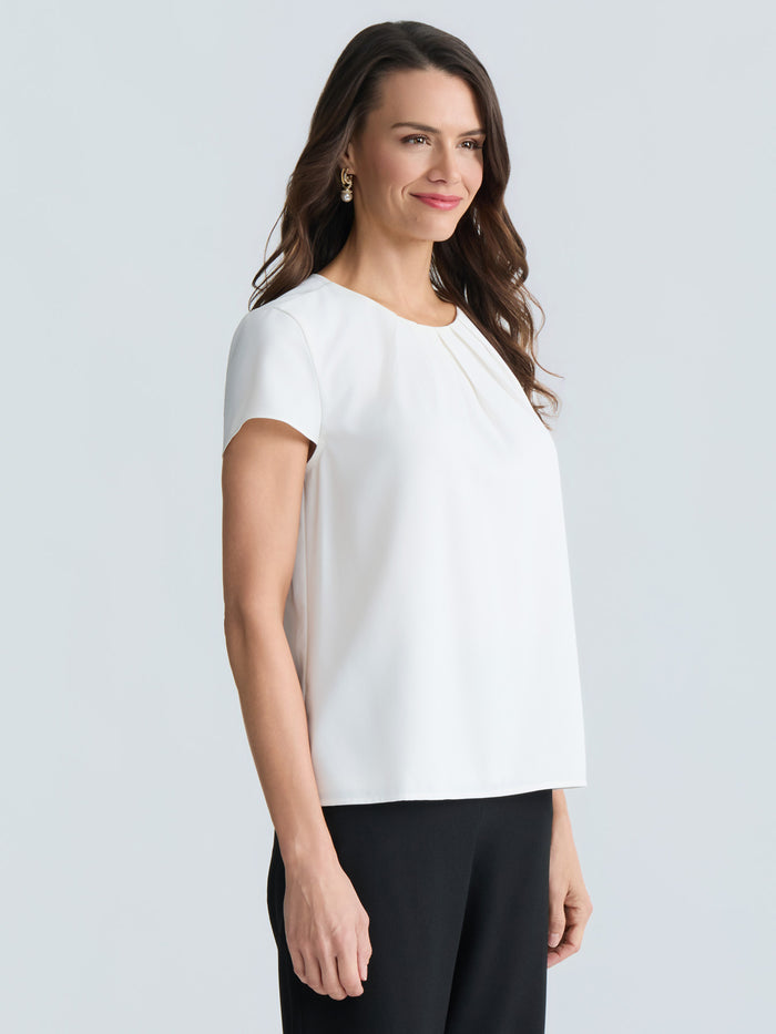 Cap Sleeve Pleat Neck Blouse, Vanilla Ice | Kasper