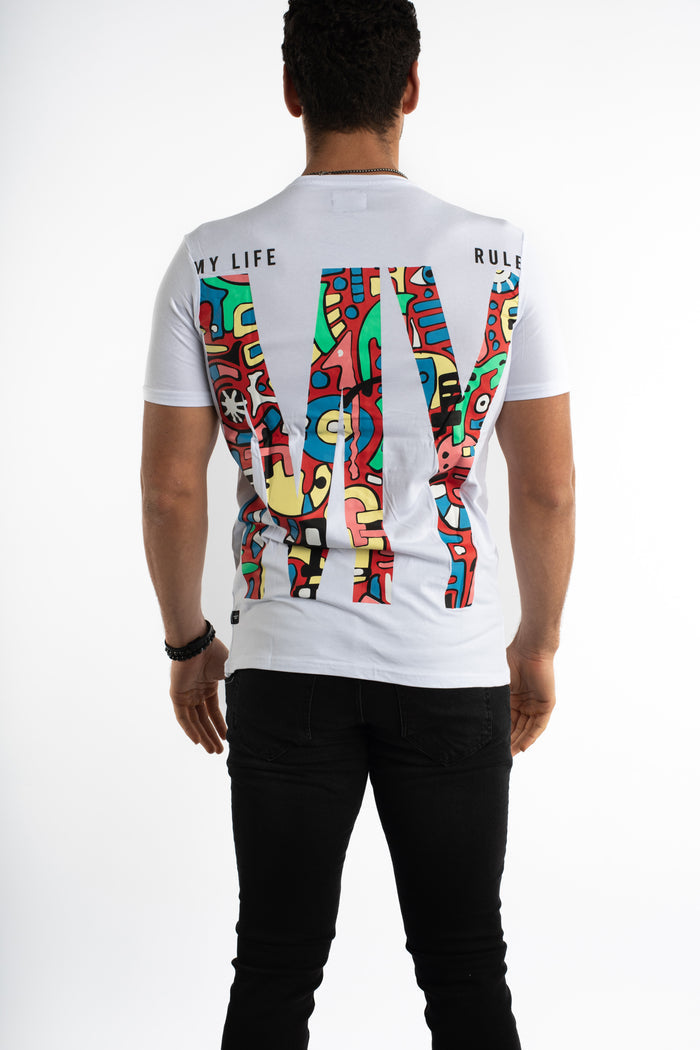 Back view of Carbon Driven Graphic Tee in white with colorful abstract street art print and My Life Rules text.