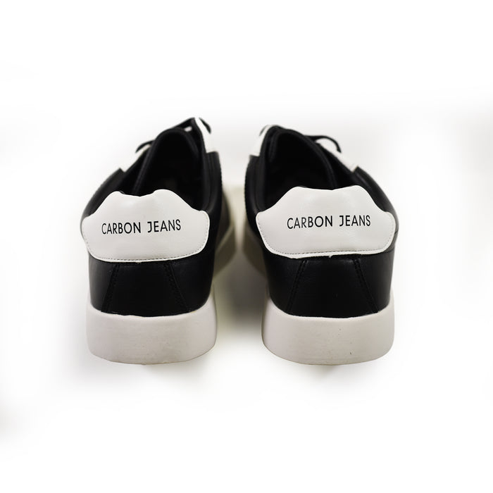 Rear view of Carbon urban streetwear sneakers in black leather with Carbon Jeans branding on white heel tabs.
