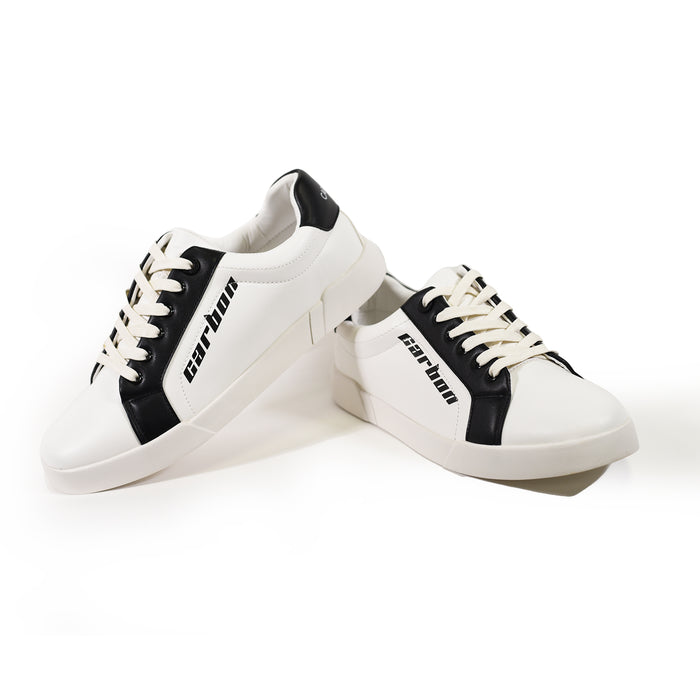 White and black Carbon Urban Streetwear Sneakers with leather side logo and white laces on a clean white background.