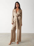 Lygia Is 5'9" & Wears Size UK 8|Carmen Satin Jumpsuit - Light Olive