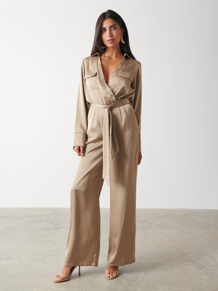 Lygia Is 5'9" & Wears Size UK 8|Carmen Satin Jumpsuit - Light Olive