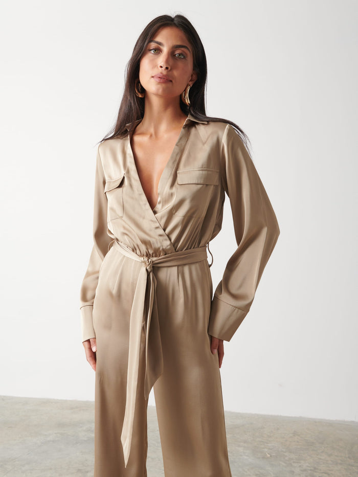 Lygia Is 5'9" & Wears Size UK 8|Carmen Satin Jumpsuit - Light Olive
