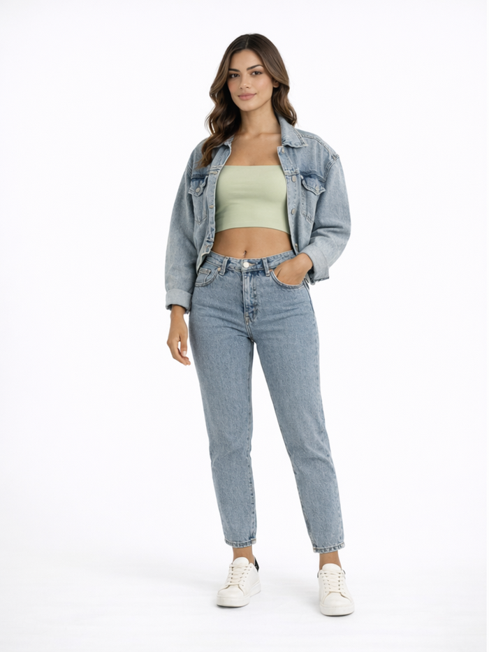 A woman stands confidently in a cropped green top, denim jacket, and light blue jeans, paired with white sneakers.