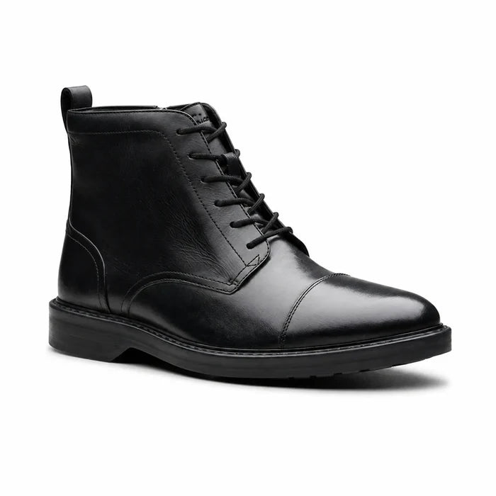 Men's black leather lace-up ankle boots with padded collar and rubber sole
