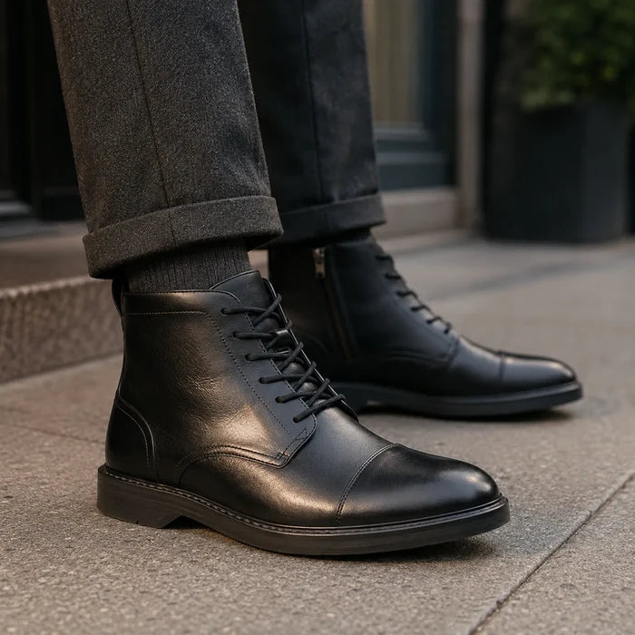 Black leather lace-up ankle boots with stitched panels and textured rubber outsole