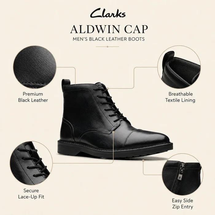 Black leather lace-up boots with side zip entry and breathable textile lining