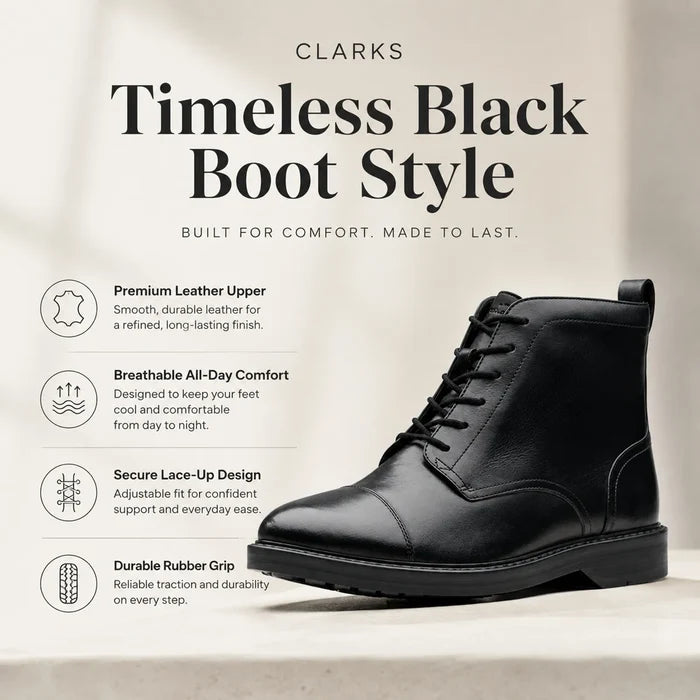 Men's black leather lace-up boots with durable rubber grip sole and breathable comfort
