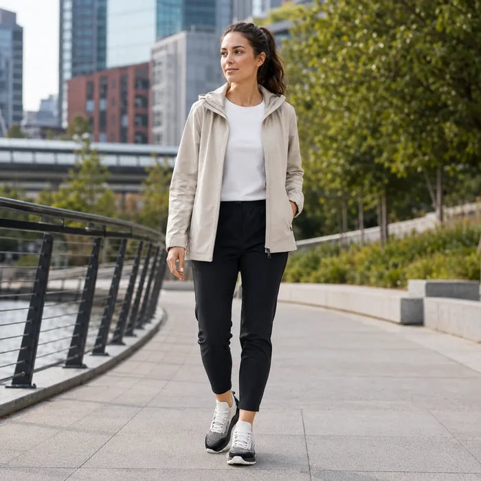 Women’s lace-up sneakers on a model, white knit upper with black side accents