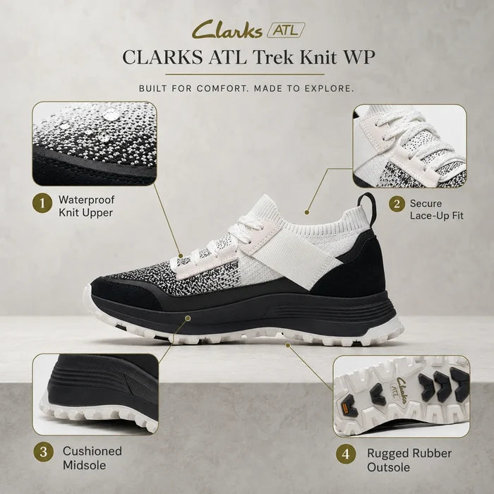 Lace-up knit sneaker with cushioned midsole and rugged rubber outsole, white and black