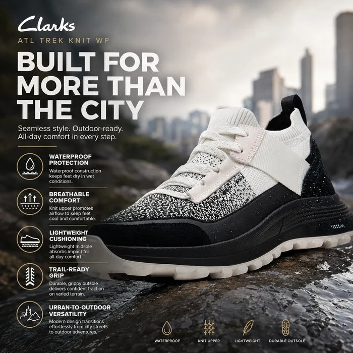Women’s lace-up knit sneaker with thick sole, white and black upper with speckled panel