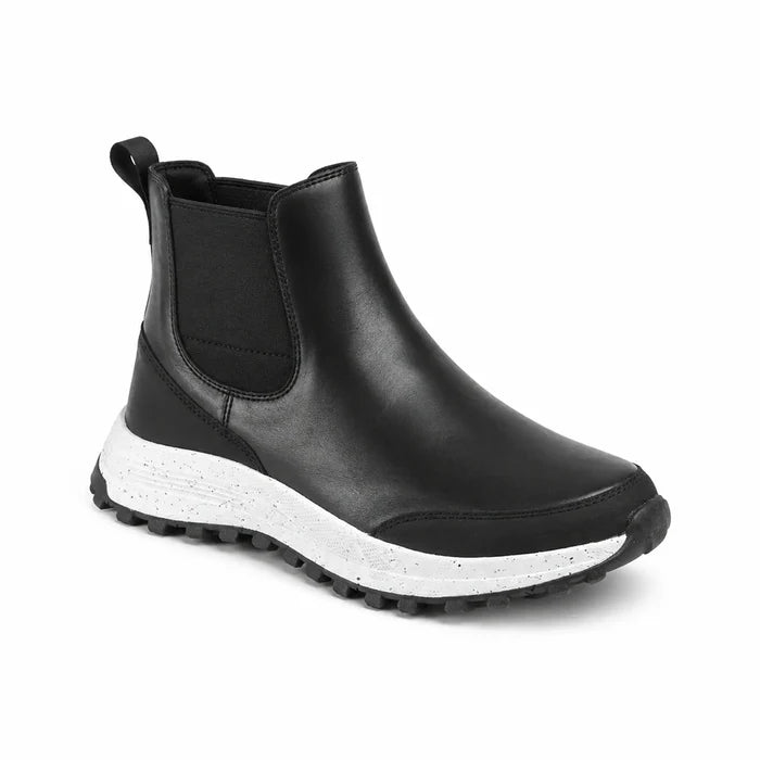 Black leather Chelsea-style ankle boots with elastic side panels and white tread sole