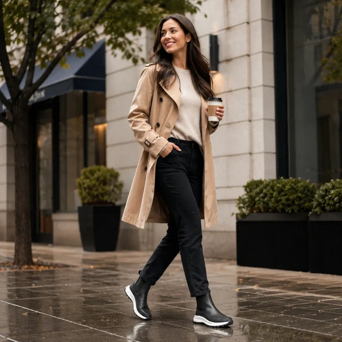 Black leather ankle boots with elastic side panels and chunky white rubber sole