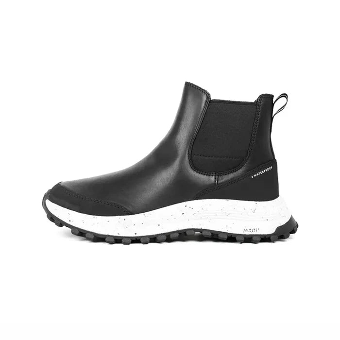 Black leather ankle boots with elastic gore panel and white speckled tread sole