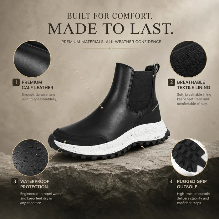 Black leather Chelsea ankle boots with elastic gore and white rubber platform sole