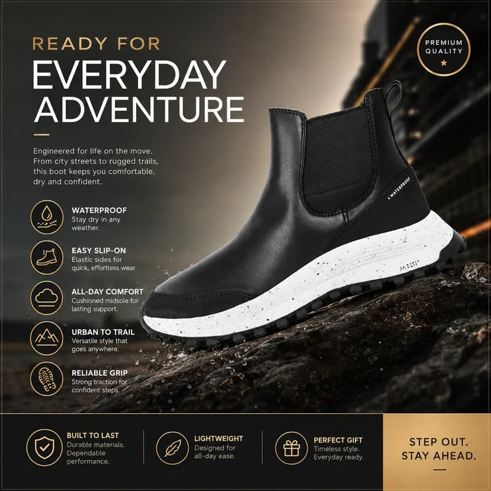 Black leather ankle boots with elastic gore and grippy white rubber outsole