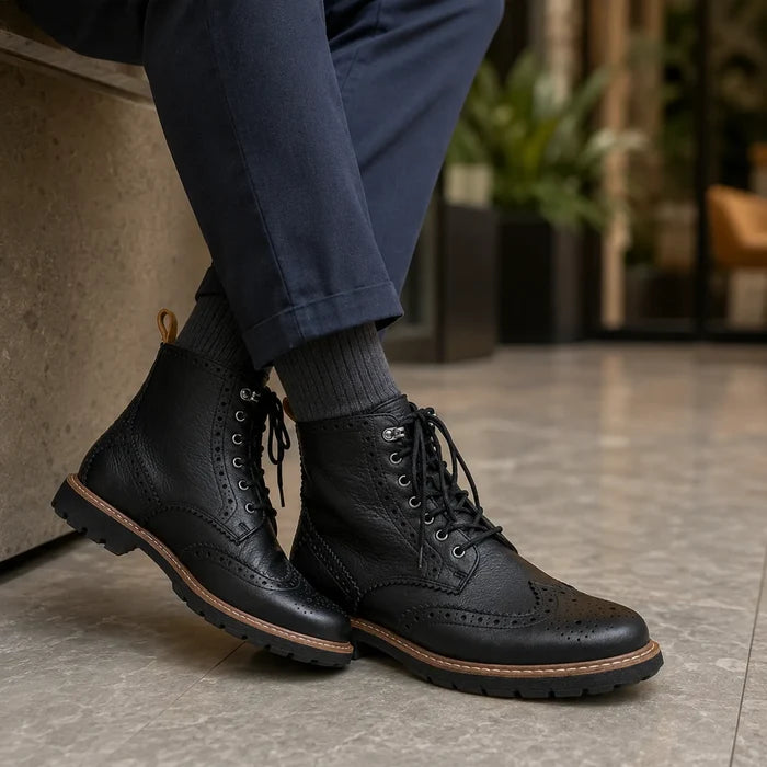 Black leather lace-up brogue boots with brogue detailing and rugged tread sole