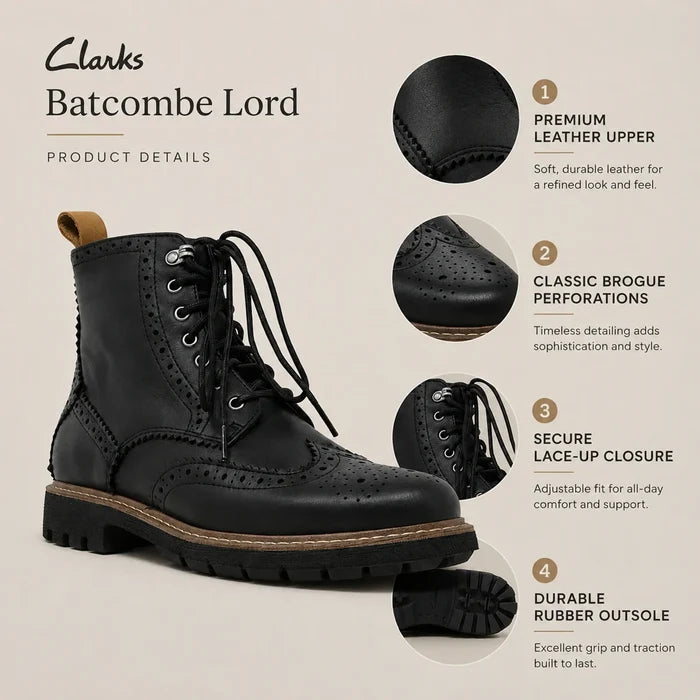 Black leather lace-up brogue boots with perforated upper and brown welt