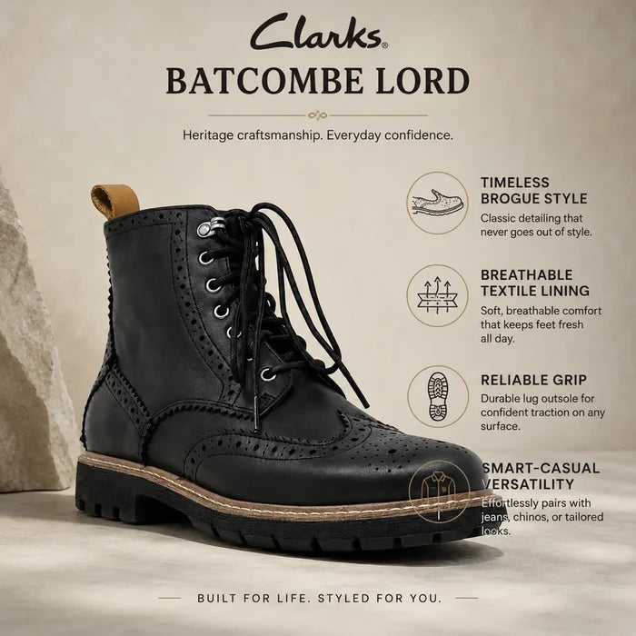 Black leather lace-up brogue boots with brogue medallion detailing and chunky sole