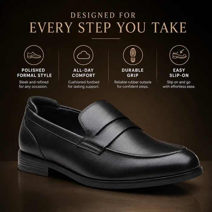 Black leather slip-on formal loafer with apron vamp and low stacked heel