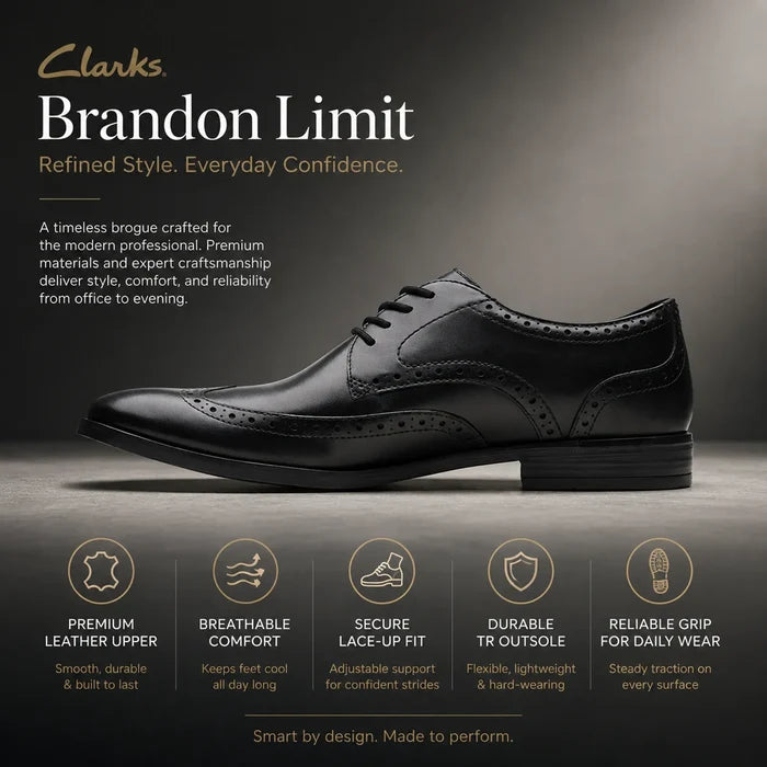 Black leather brogue lace-up business shoes with side profile and decorative perforations