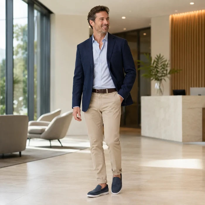 Men's navy loafers on a model wearing a blazer and beige trousers