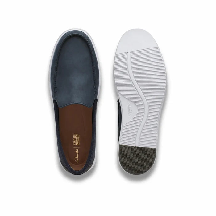 Men's navy loafers pair view with outsole and brown insole