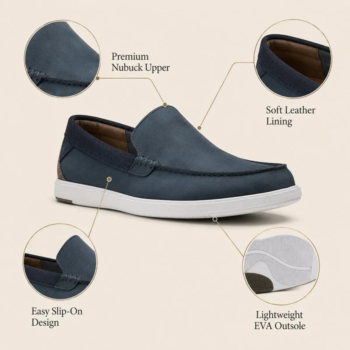Men's navy nubuck slip-on loafer with soft lining and white outsole