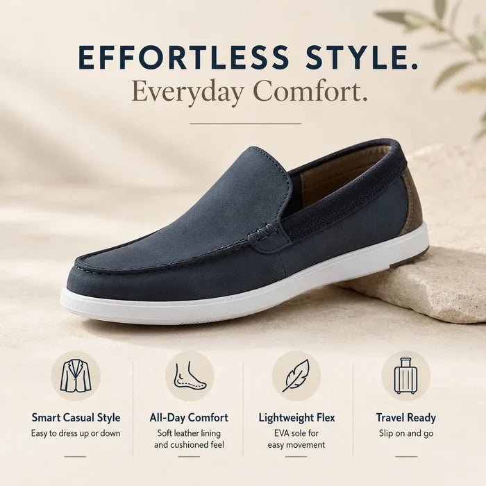 Men's navy slip-on loafer with cushioned lining and white sole