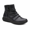 Black leather ankle boots with buckle strap, stitched seam detailing, rubber sole