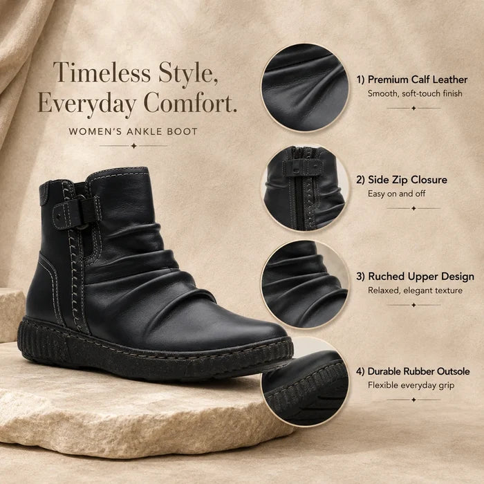 Black leather women’s ankle boots with buckle, zip closure, and rubber outsole