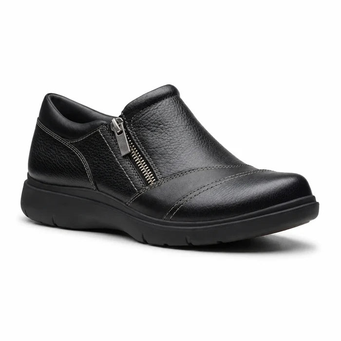 Women's black leather casual slip-on shoes with zip detail and cushioned sole