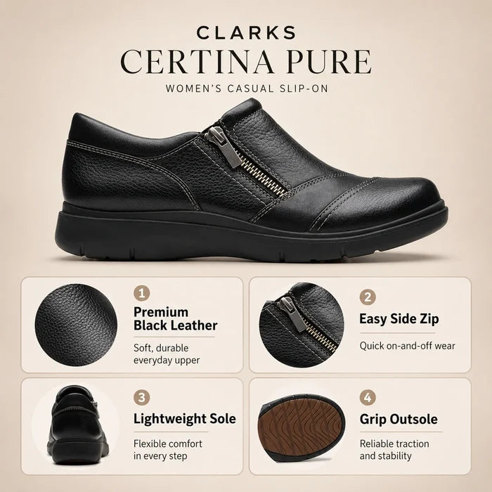 Women's black leather casual slip-on shoe, side zip, rugged lightweight sole