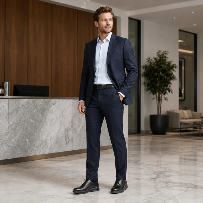 Men's black leather lace-up business shoes worn by a model, full shoe view