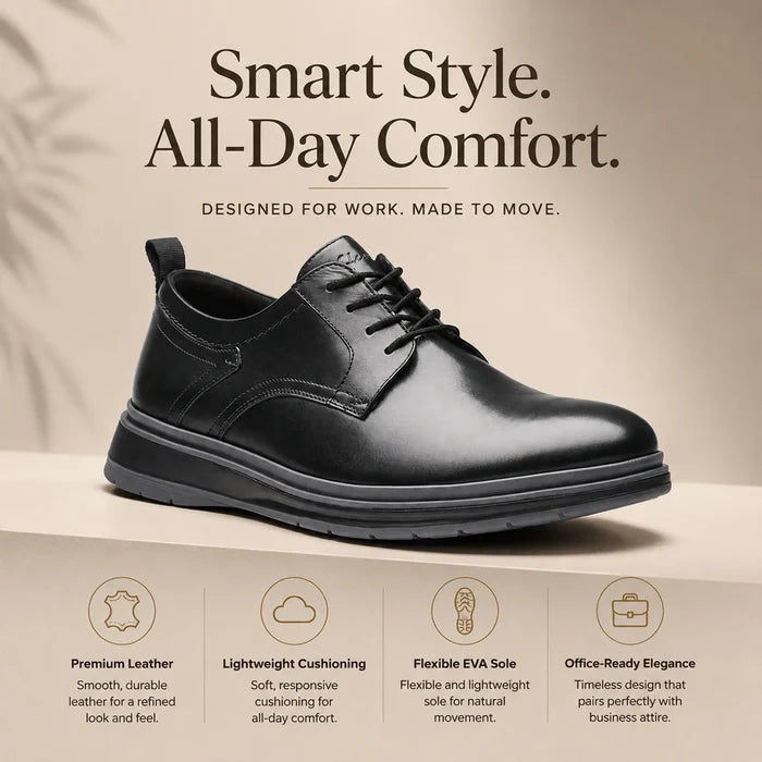 Men's black leather lace-up business shoes with cushioned collar and low sole