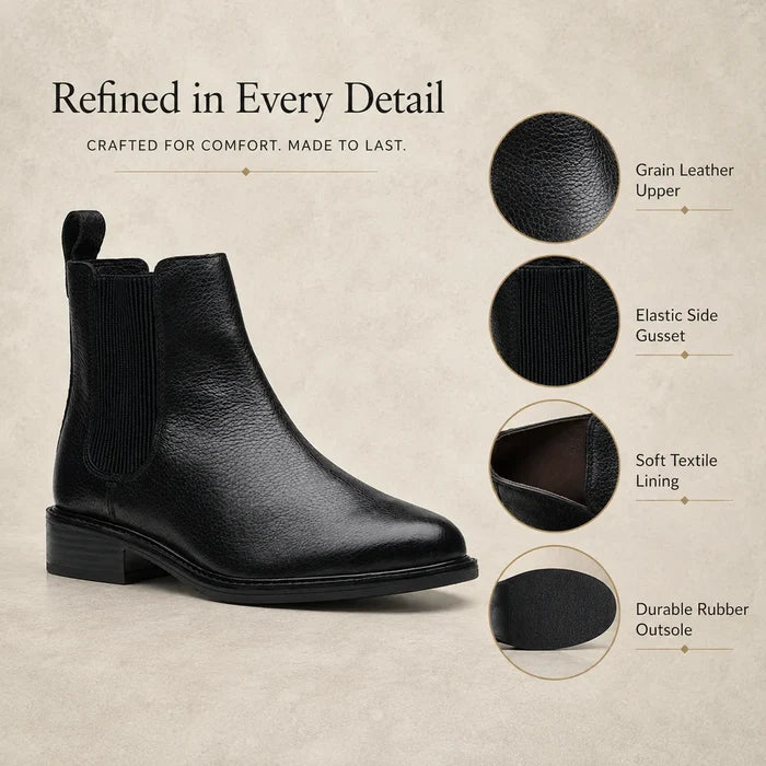 Women's black leather Chelsea boot with elastic gore and durable rubber outsole details