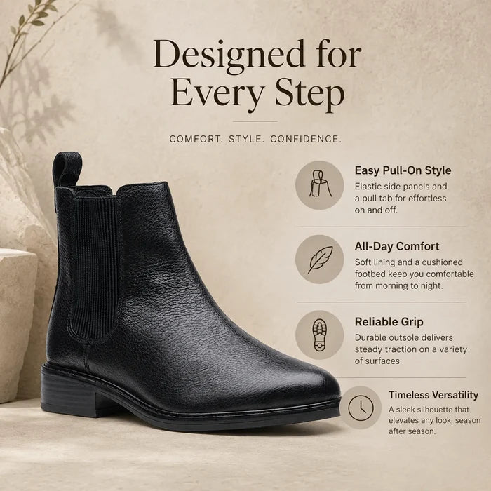Black leather women’s chelsea boots with elastic side panels and low block heel